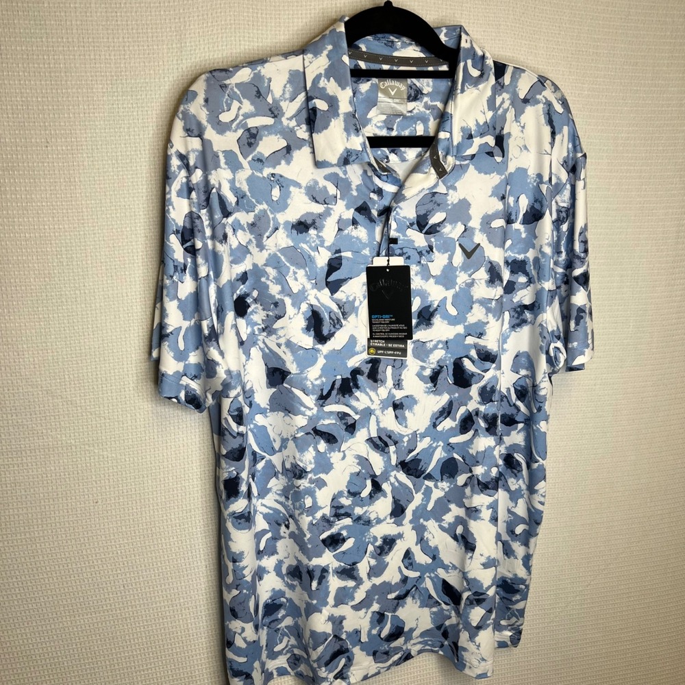 Callaway Mens Opti-Dri Golf Polo Shirt Chambray Blue Floral CGKSE0H3RT Large NWT
